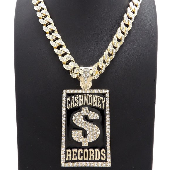 Hip Hop Iced Silver PT CASHMONEY RECORD Pendant & 6mm 24" CUBAN CHAIN NECKLACE Hip Hop Iced Silver PT CASHMONEY RECORD Pendant & 6mm 24" CUBAN CHAIN NECKLACE
